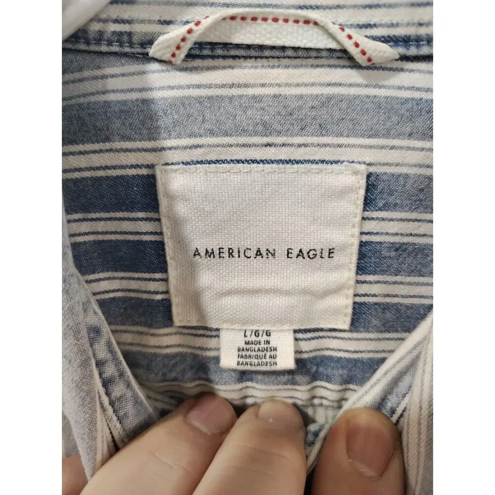 American Eagle Shirt Denim Blue White Stripes Long Sleeve Cotton Men's Size L